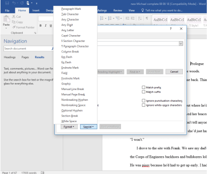The "Special" tab gives you a list of formatting features.